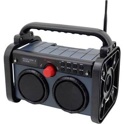 Přenosné rádio s robustním pouzdrem, dvěma reproduktory a anténou. Velký červený ovladač hlasitosti a displej s informacemi o stanici.