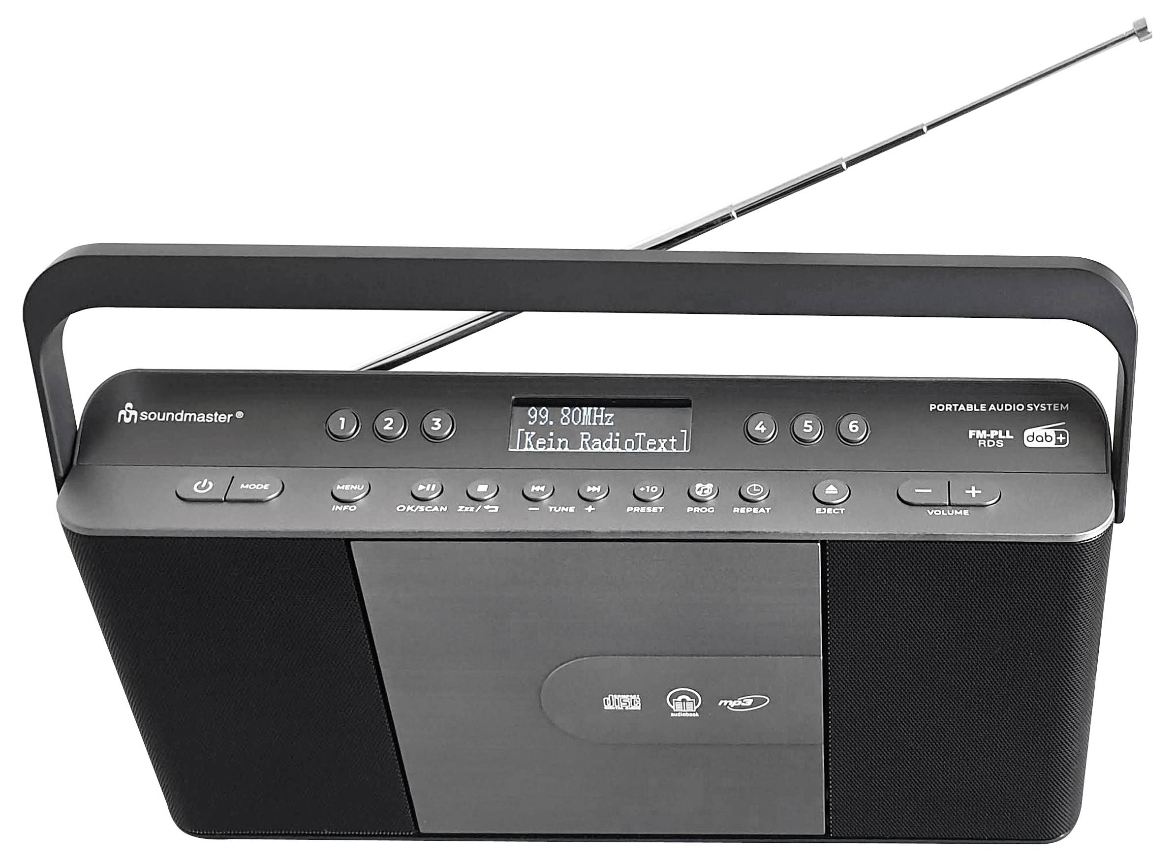 Přenosný audiosystém s anténou zobrazuje na displeji frekvenci '99,80 MHz [Bez radiotextu]'.