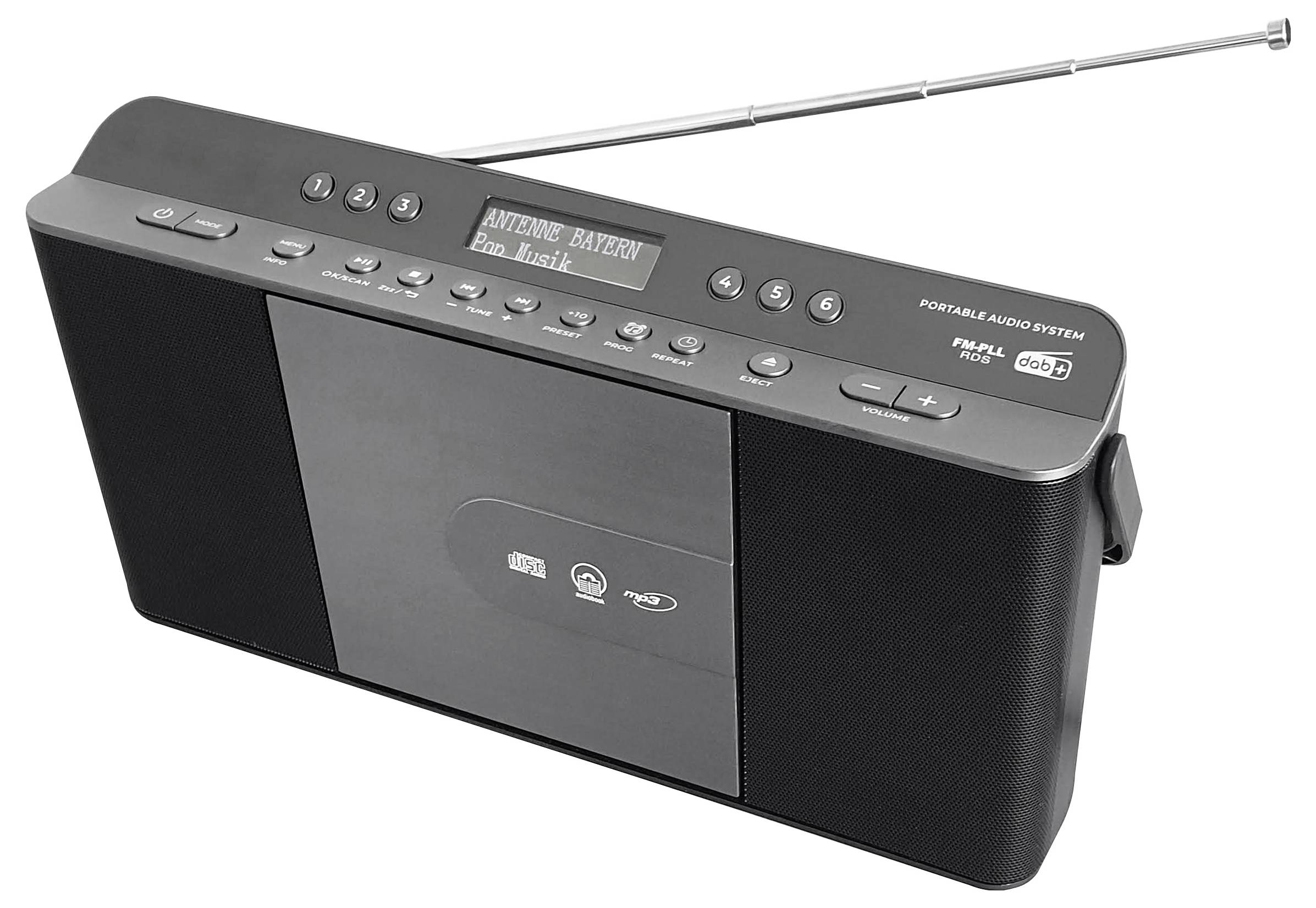 Přenosný audiosystém s příjmem DAB+ a FM, mnoha ovládacími prvky a vysouvací anténou.