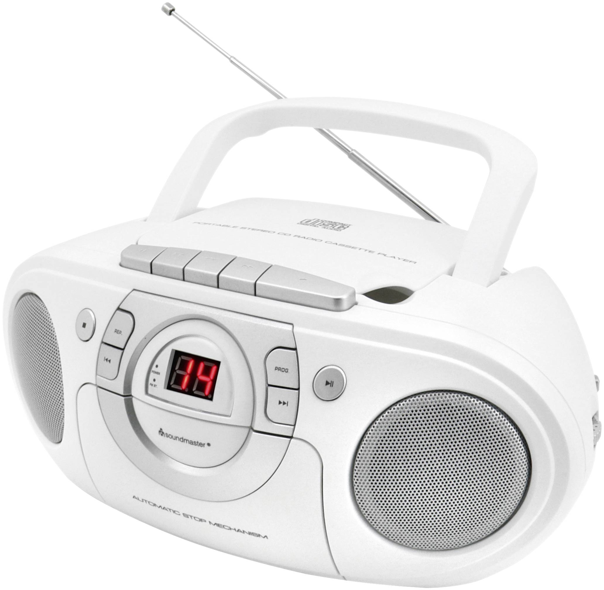 Přenosné bílé rádio s kazetovým magnetofonem a teleskopickou anténou zobrazuje na displeji číslo '14'. Název výrobce je viditelný.