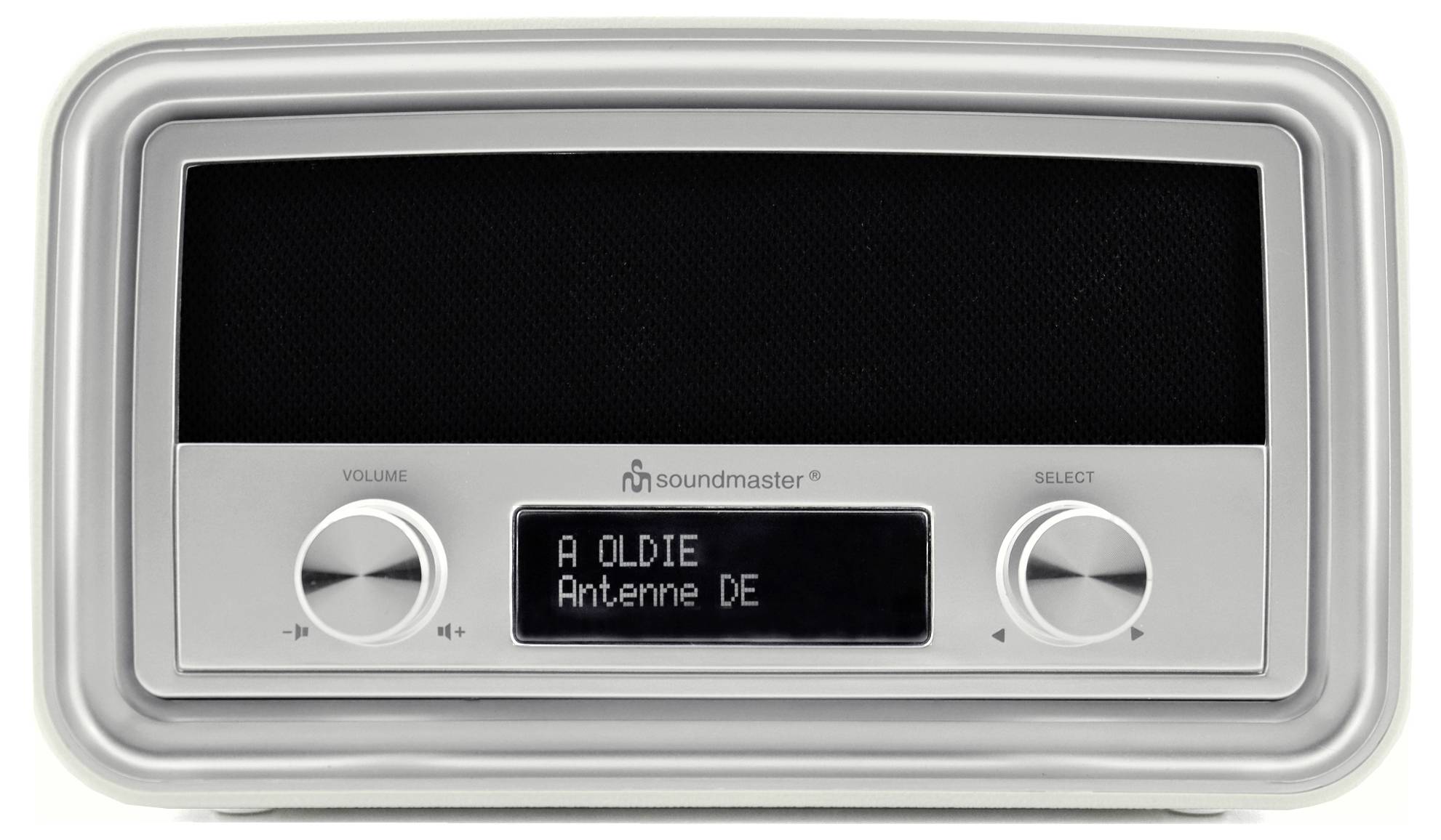 Retro rádio s displejem zobrazujícím nápis 'Antenne DE'. Pod ním jsou dva otočné knoflíky pro nastavení hlasitosti a výběr stanice.