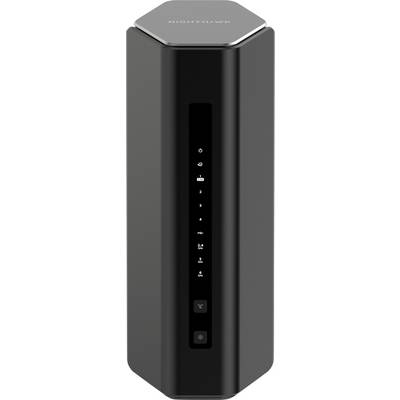 Černý Wi-Fi router ve vertikální orientaci s několika světly a tlačítky na přední straně, na kterém je nápis 'Nighthawk'.