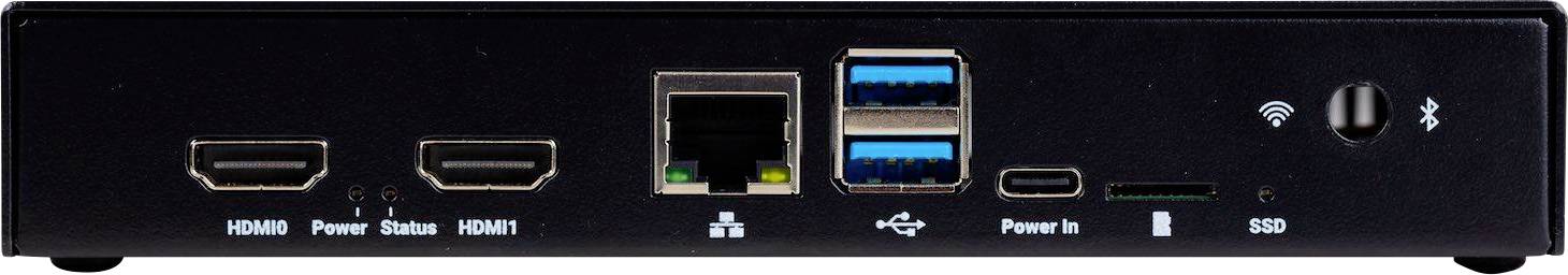 Zadní strana technického zařízení s konektory: dva vstupy HDMI, Ethernet, čtyři USB porty, napájení, slot pro SSD a symboly pro WLAN a Bluetooth.