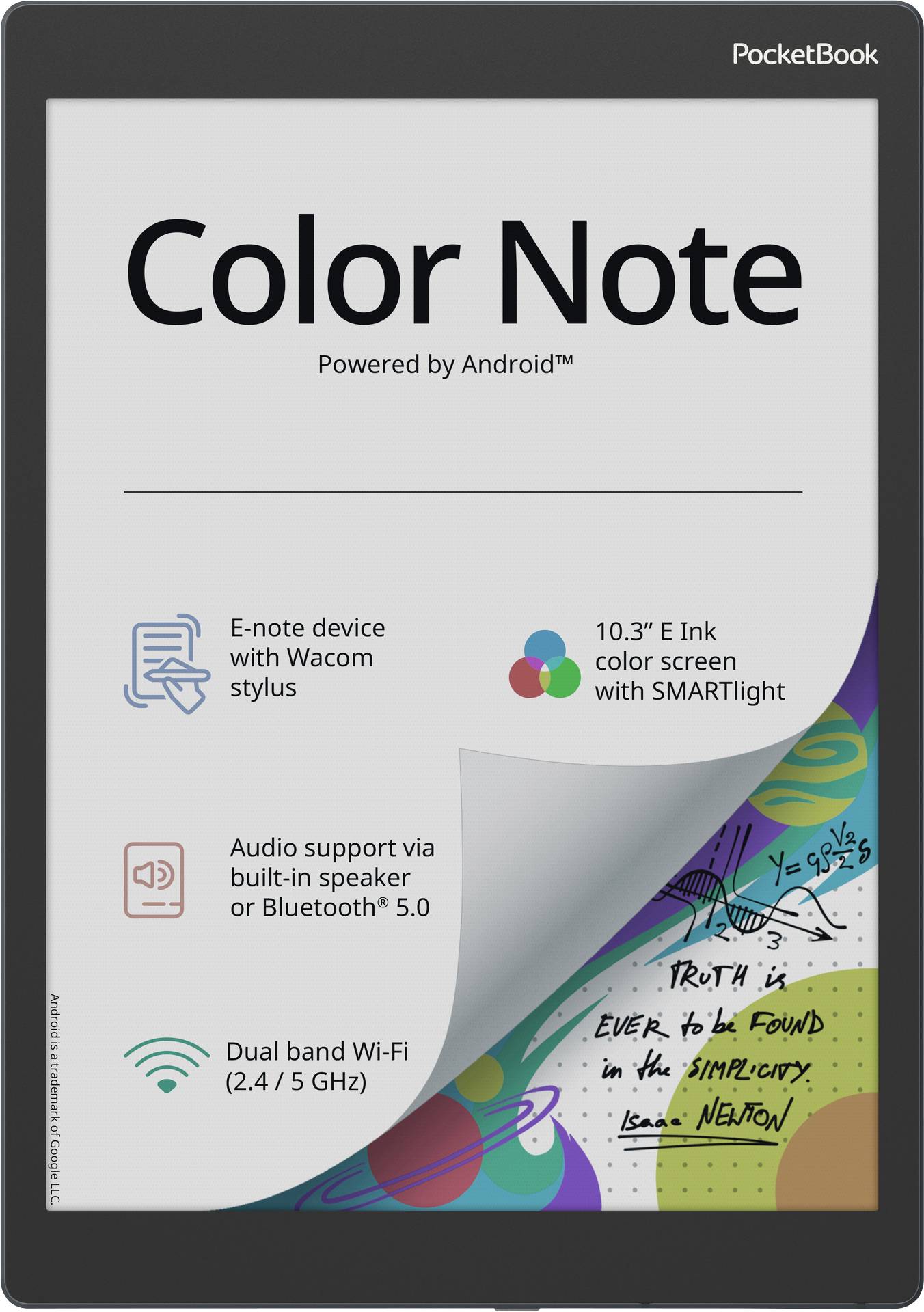 E-inkový tablet 'Color Note' s 10,3" displejem, založený na Androidu. Včetně stylusu Wacom, podpory audia a duálního Wi-Fi pásma.