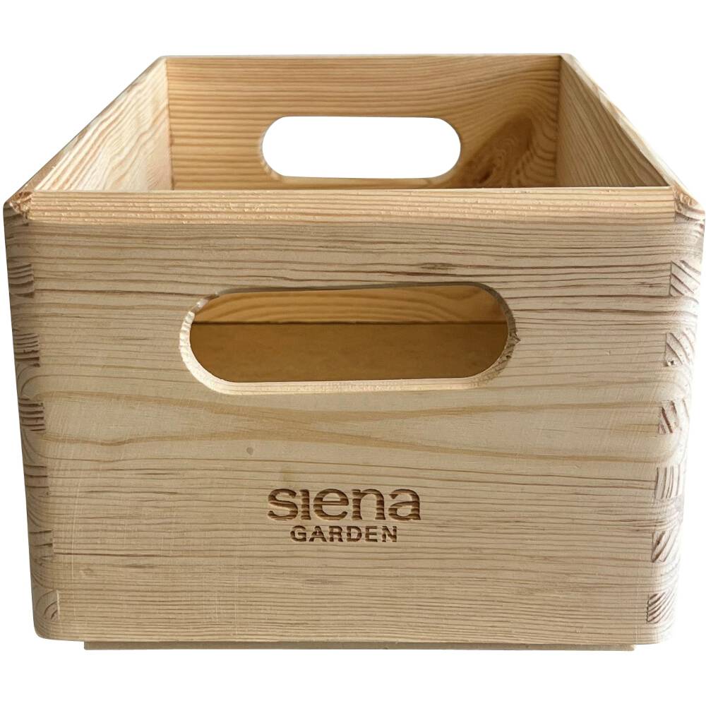 Dřevěná bedna s úchyty, s nápisem 'Siena Garden' na přední straně. Ideální pro uskladnění nebo dekoraci.