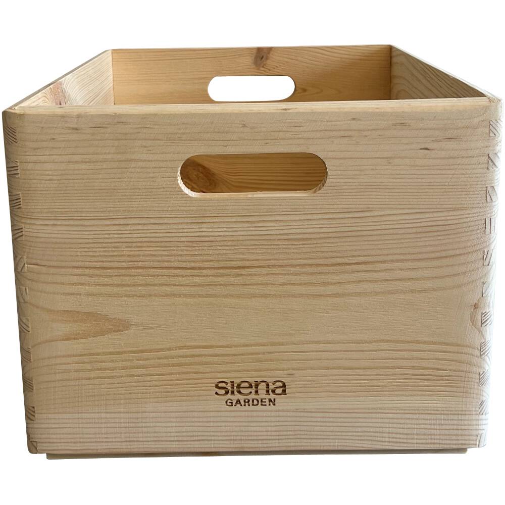 Dřevěná bedna s úchyty, na jejíž přední straně je nápis 'Siena Garden'.