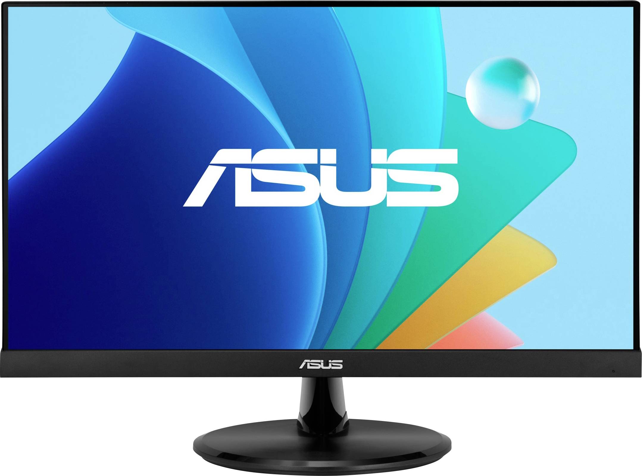 Velký displej monitoru ASUS, zapnutý a zobrazující logo ASUS uprostřed, před pestrobarevným abstraktním pozadím.