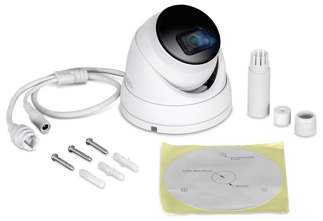 Sada bezpečnostní kamery obsahující kameru, propojovací kabel, čtyři šrouby, hmoždinky a návod k instalaci.