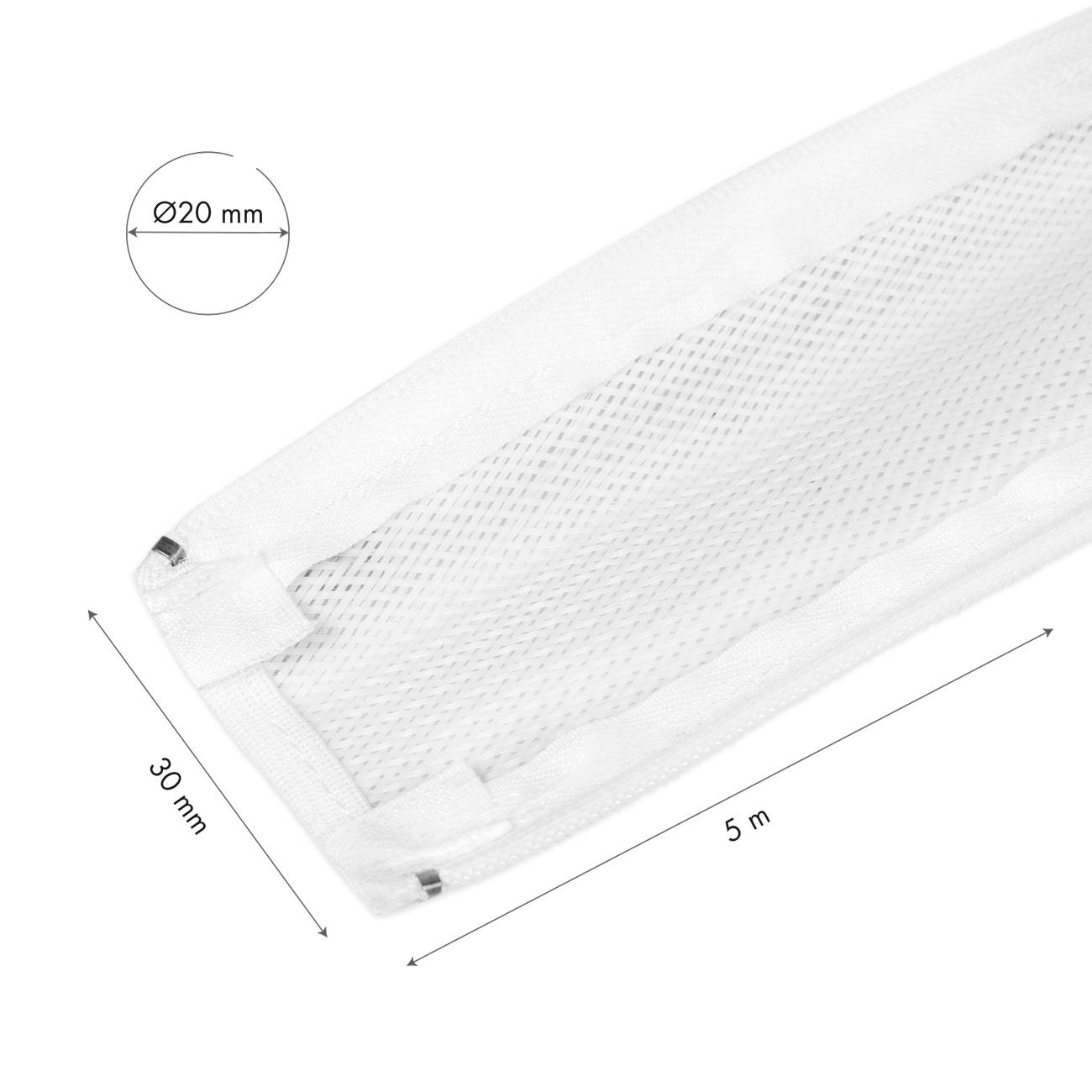 Síť s pokrytím, 5 m dlouhá, 30 mm široká, s průměrem 20 mm. Ideální pro ochranu nebo přepravu dlouhých předmětů.