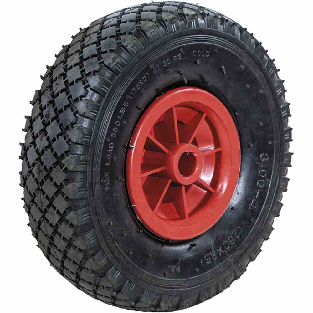Černé kolo s hrubým profilem a červeným ráfkem. Vhodné pro terénní použití, jako jsou například kolečka nebo ruční vozíky.