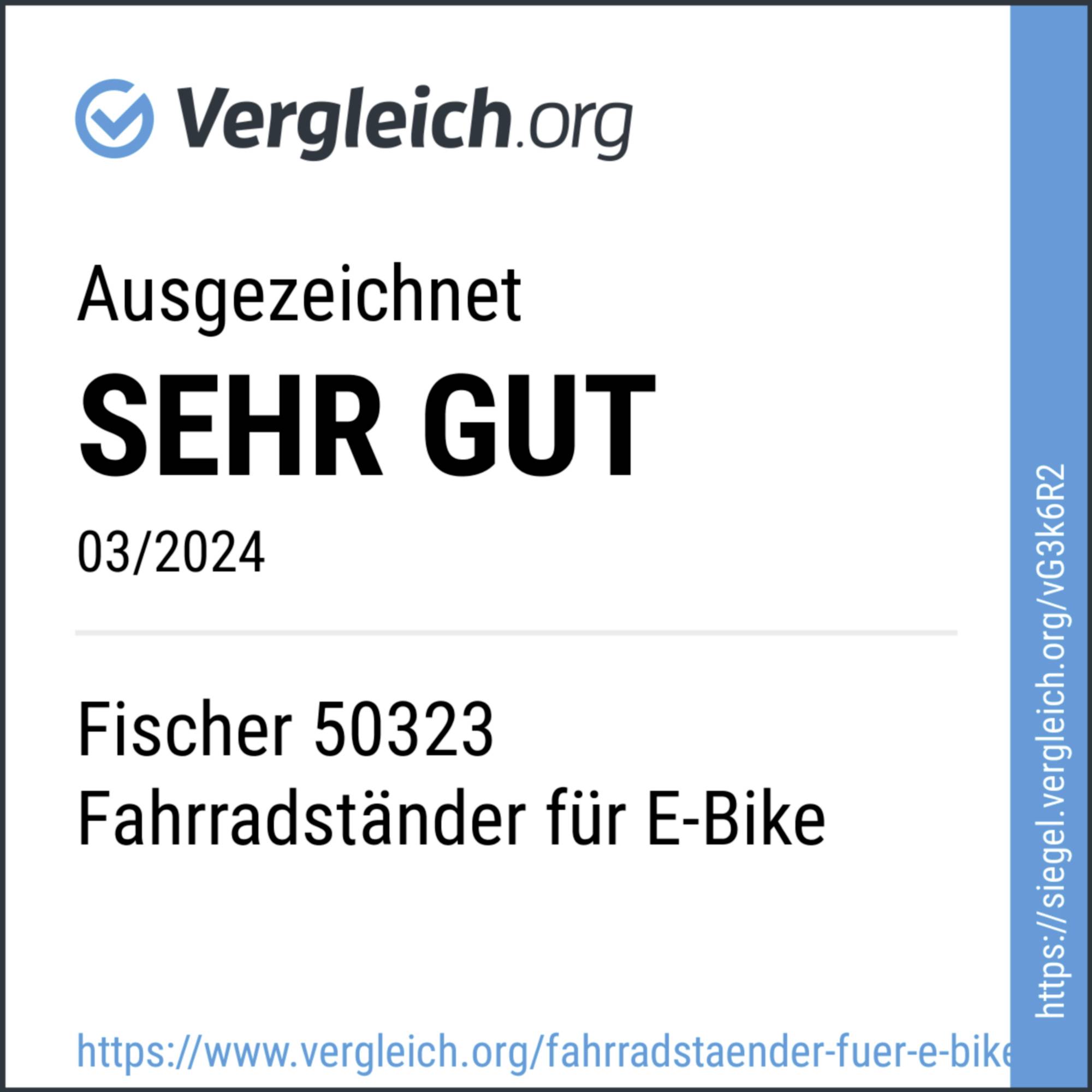 „Vynikající VELMI DOBRÉ 03/2024" hodnocení portálu Vergleich.org pro stojan Fischer 50323 na elektrokolo.