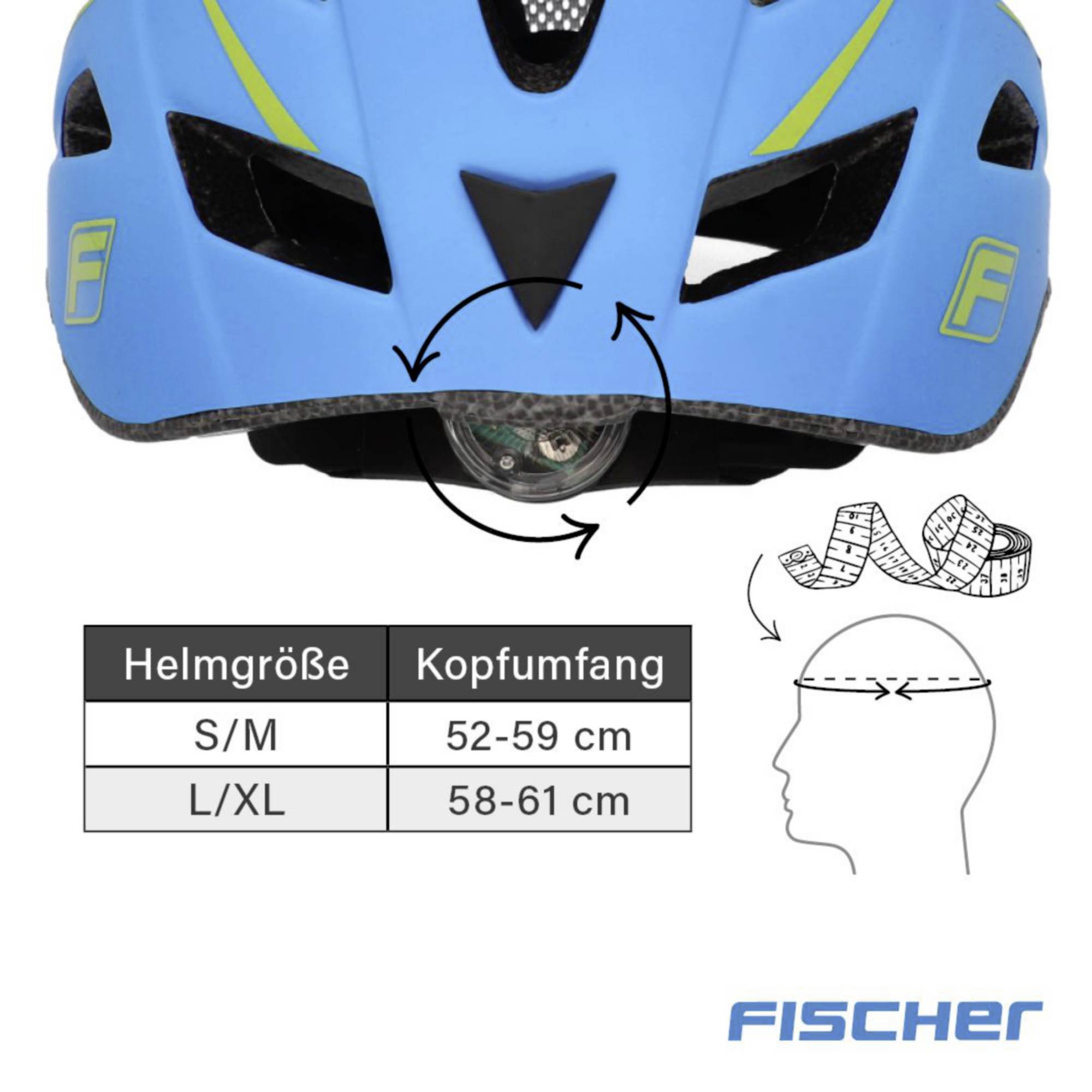 Modrá helma FISCHER s větracími otvory. Tabulka velikostí přileb: S/M (52-59 cm), L/XL (58-61 cm). Vedle grafika pro měření obvodu hlavy.