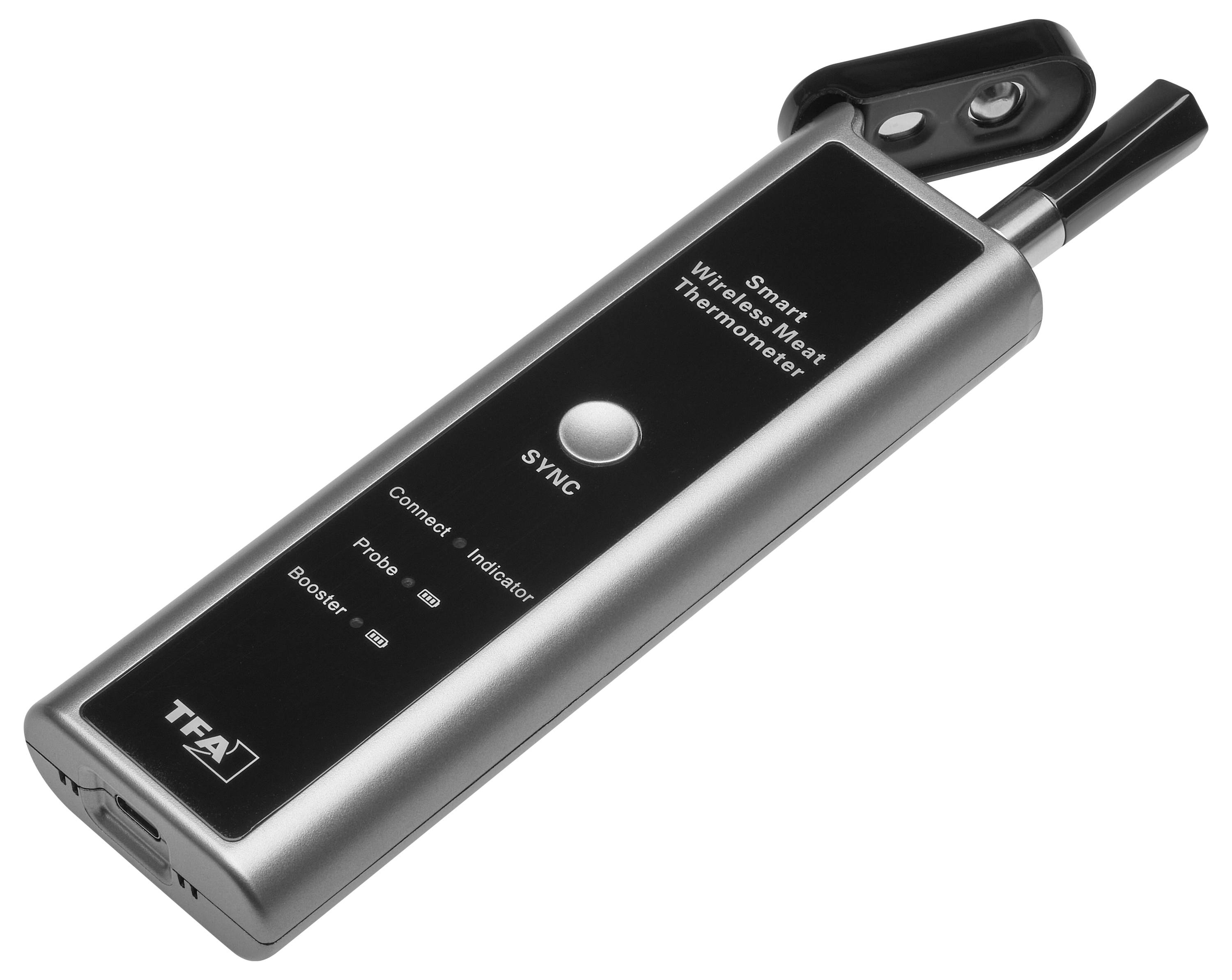 Digitální teploměr na maso s nápisem 'Smart Wireless Meat Thermometer'. Má kovovou sondu a připojovací tlačítko.