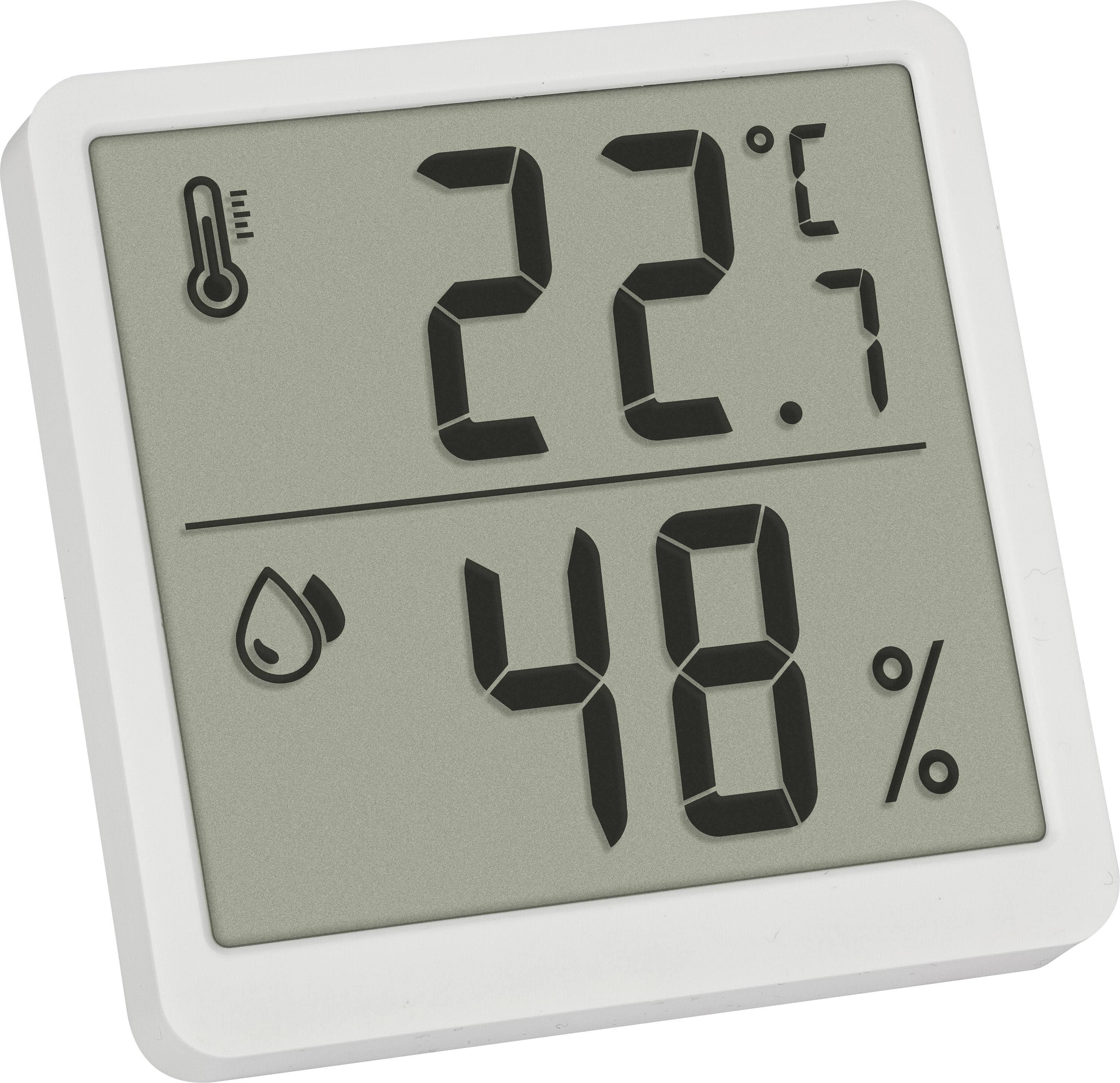 Digitální teploměr a vlhkoměr ukazuje '22,7 °C' a '48 %'. Horní oblast zobrazuje teplotu, spodní oblast zobrazuje vlhkost vzduchu.