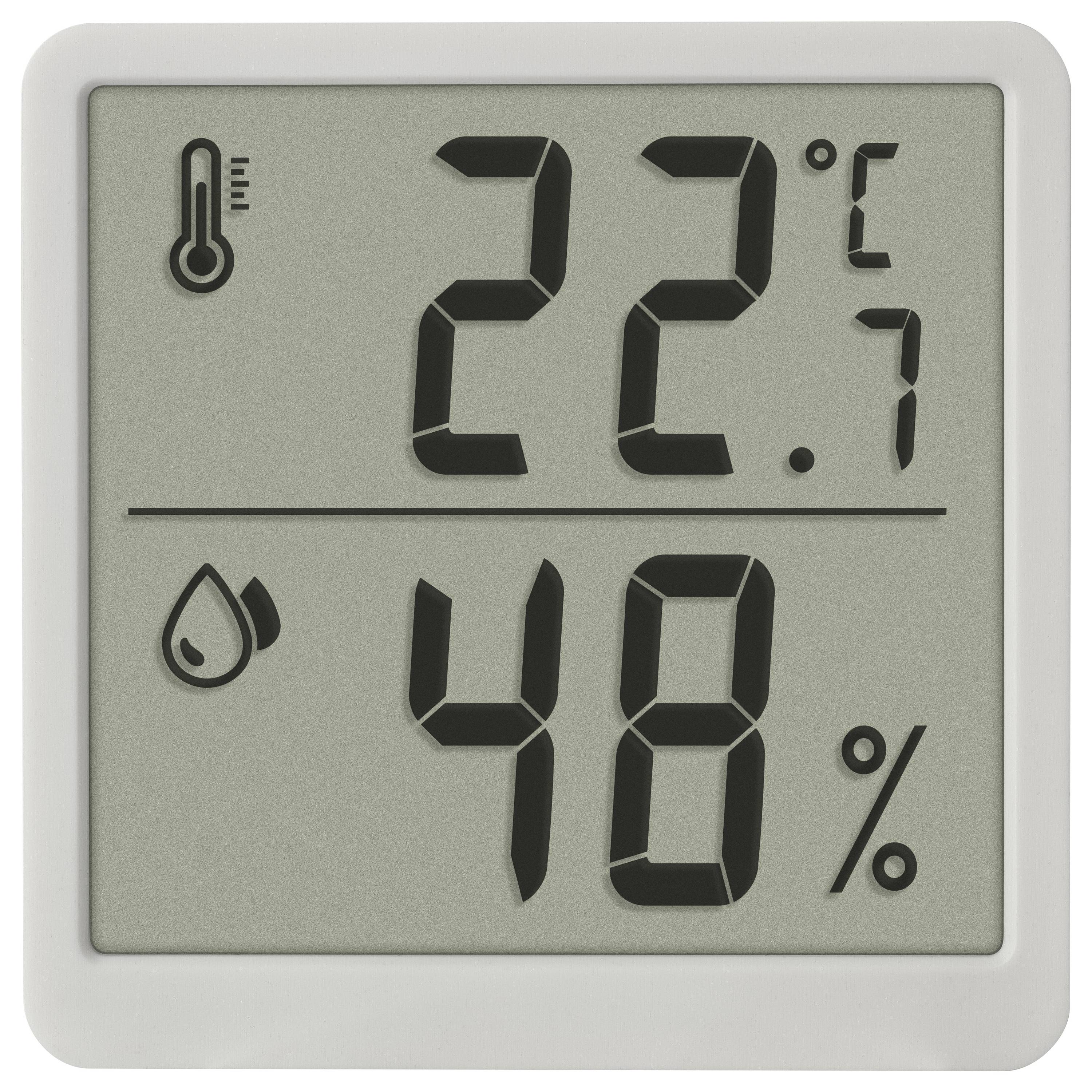 Digitální teploměr a vlhkoměr. Ukazuje 22,7 stupňů Celsia a 48 procent relativní vlhkosti. Symboly pro teplotu a vlhkost.