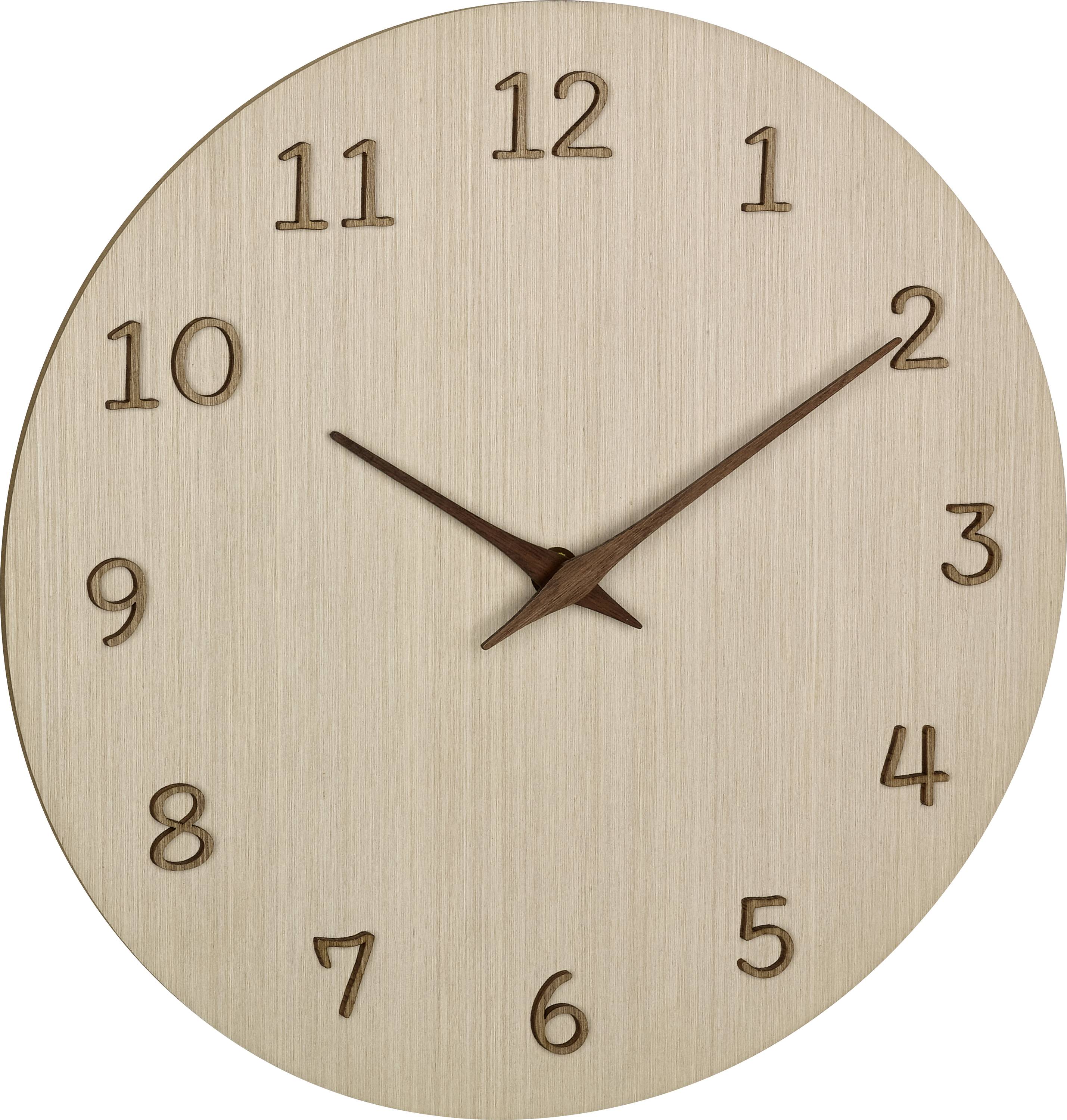 Analogové dřevěné hodiny s kulatými číslicemi, ukazují 2:00.
