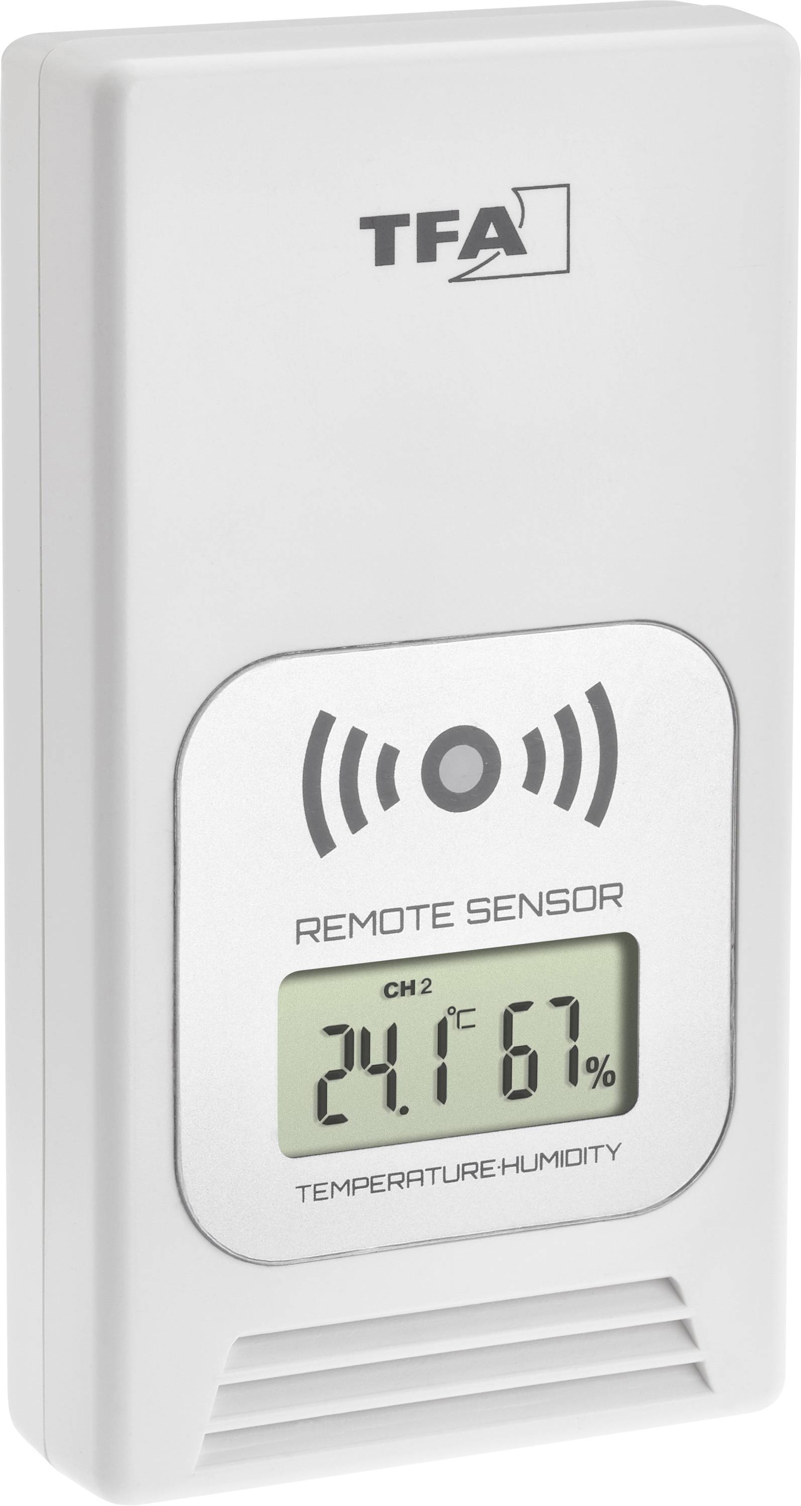Bílý teplotní senzor ukazuje teplotu 24,1°C a relativní vlhkost 67 %.