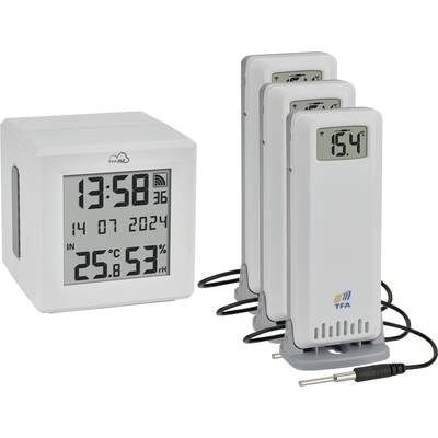 Meteostanice s digitálním displejem zobrazuje čas, datum a teplotu. Na obrázku jsou tři externí senzory.