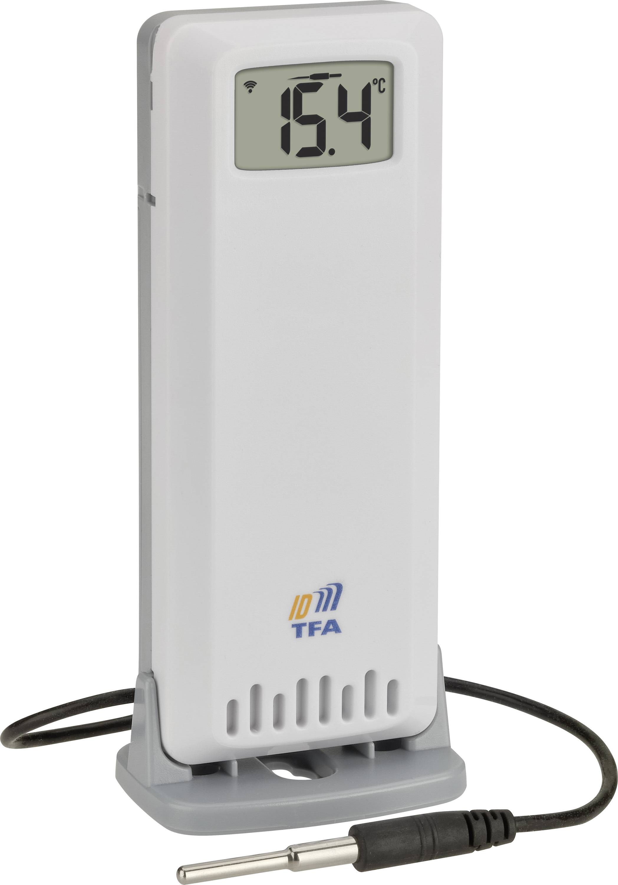 Digitální teploměr ukazuje teplotu 15,4°C. Má šedý stojan a připojený teplotní senzor.