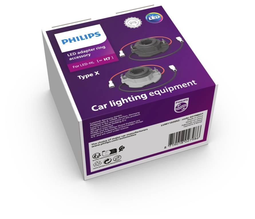 Balení příslušenství Philips LED adaptéru pro osvětlení vozidel, typ X, s obrázky a textem v angličtině.