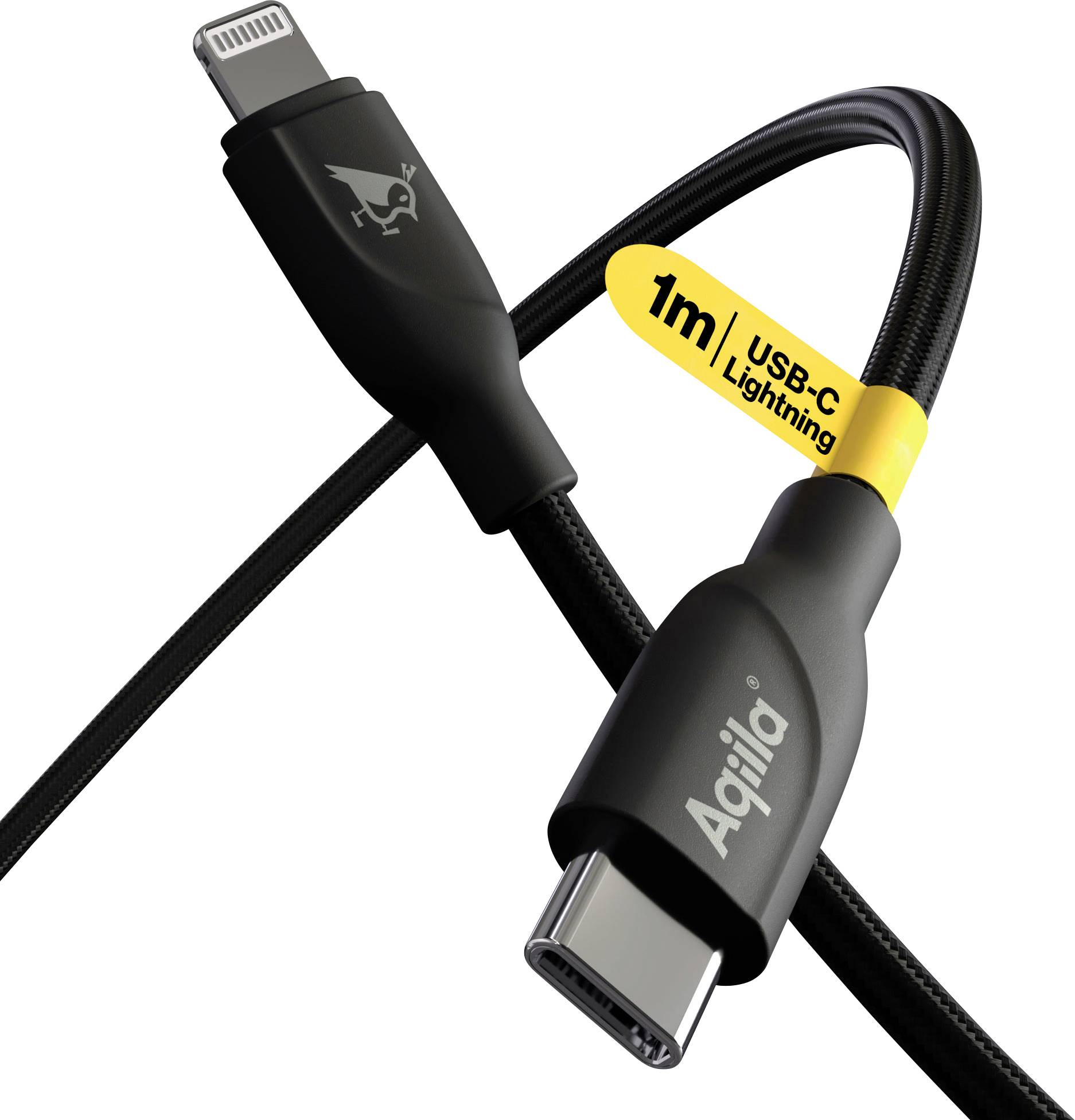Kabel USB-C na Lightning od společnosti Aqila, 1 metr dlouhé, s černým opletením a žlutým značením délky.
