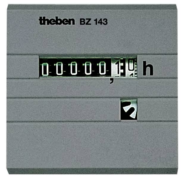 Šedý elektroměr 'theben BZ 143' ukazuje číslo 0,1 hodin. Pod ním se nachází symbol šipky.