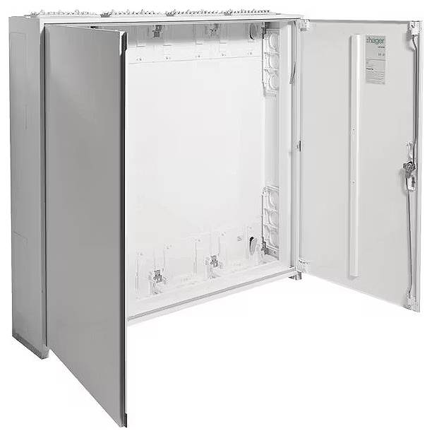 Otevřená elektronická skříň s vyjímatelnými přihrádkami a uzamykatelnou dvířky, určená pro ukládání a organizaci elektronických komponentů.