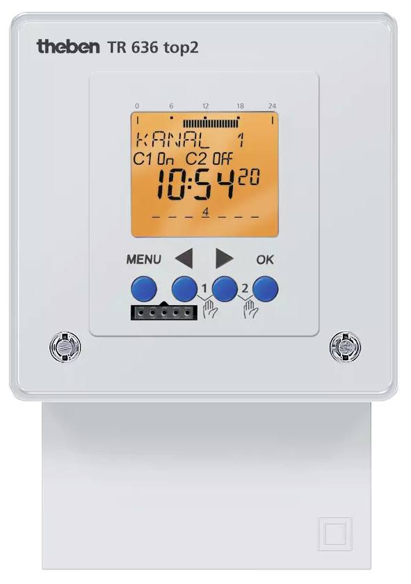 Elektronické řídicí zařízení s displejem zobrazuje 'KANÁL C1 ZAP C2 VYP' a čas '10:54'. Pod tlačítky jsou: 'MENU', tři navigační šipky, 'OK'.