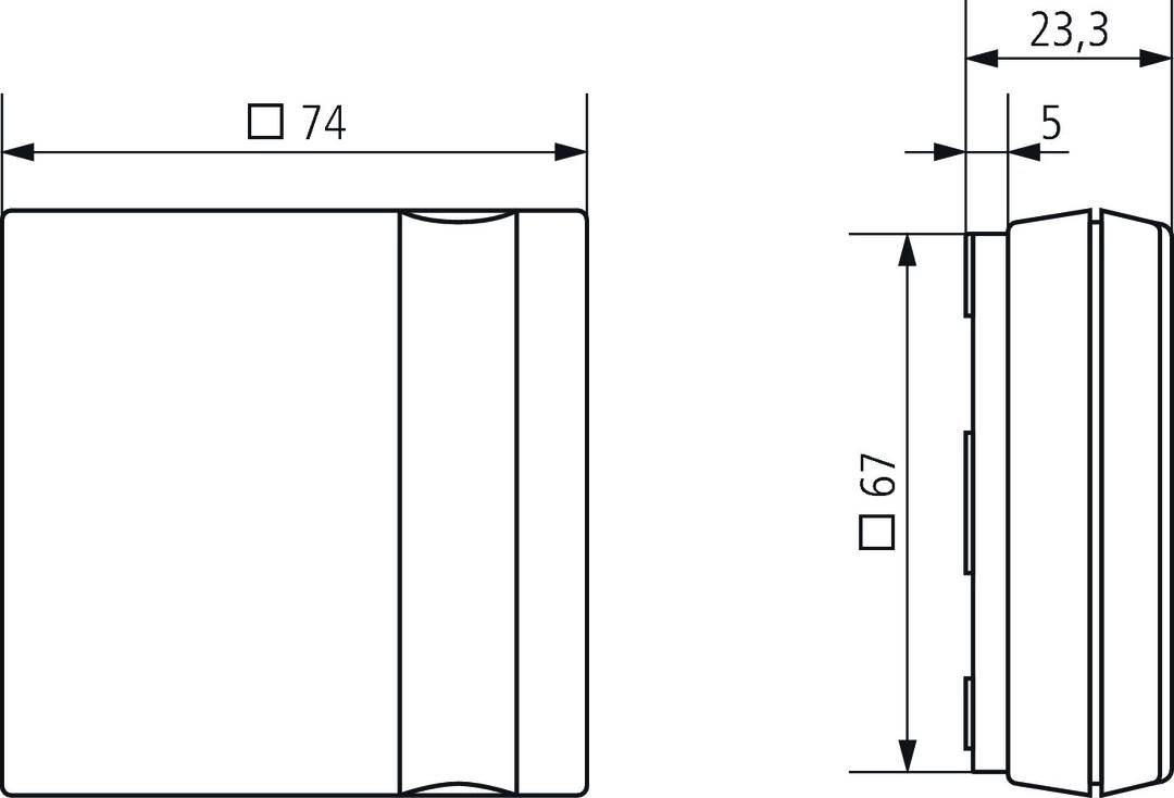 Technický výkres obdélníkového objektu s rozměry: šířka 74 mm, výška 67 mm.