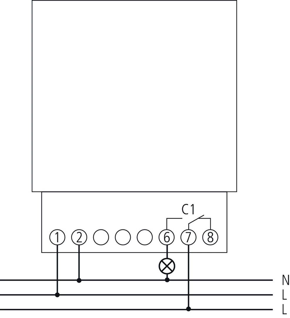 Schéma elektrického zařízení s osmi svorkami, označenými čísly 1 až 8. Kondenzátor C1 je připojen mezi svorky 6 a 7.