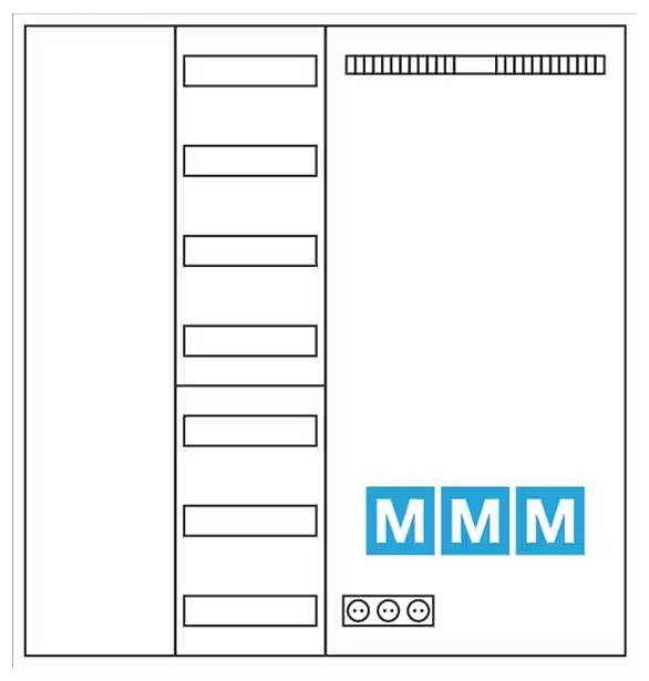 Diagram technického rozváděče s konektorovými sloty vlevo, větracími otvory nahoře a modrým logem s "MMM" dole vpravo.