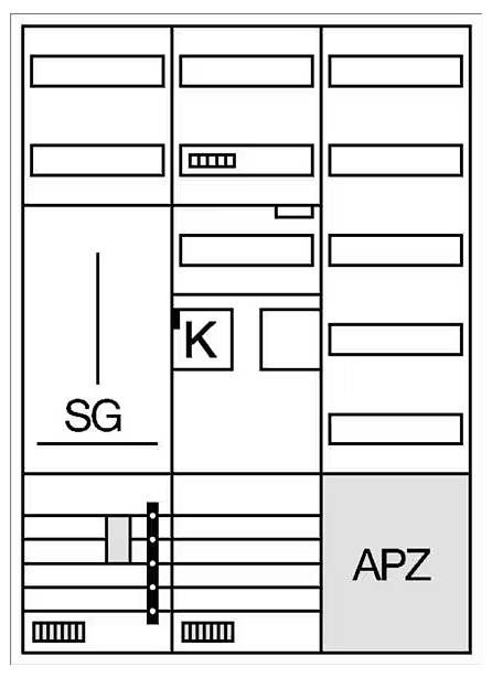 Schéma elektrického zařízení s různými obdélníkovými poli, označenými štítky 'SG', 'K' a 'APZ'.