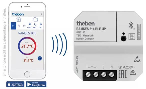 Mobilní aplikace ovládá prostorový termostat 'Ramses BLE'. Displej ukazuje 21,7°C. Signál propojení mezi mobilním telefonem a zařízením.