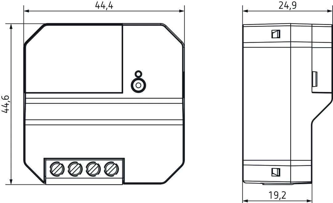 Technický výkres elektronického zařízení z pohledu z boku s rozměry. Zobrazuje detaily čelního panelu a připojovacích míst.