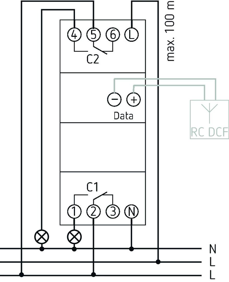 Schéma elektrického zařízení s přípojkami: C2, C1 pro plus a mínus; Datová přípojka je propojena s RC DCF.