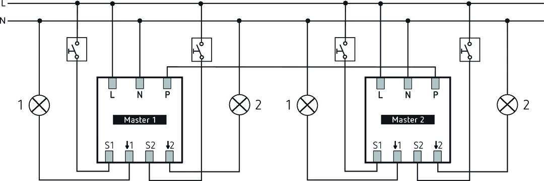 Schéma elektrického obvodu se dvěma spínači a dvěma žárovkami. Žárovky jsou označeny '1' a '2'.
