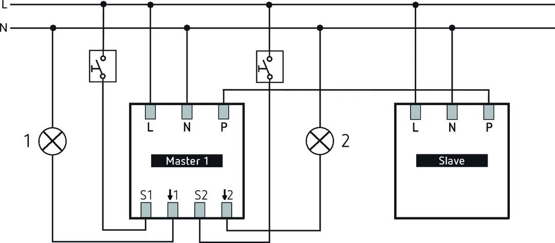 Schéma zapojení s hlavním spínačem 'Master 1', dvěma tlačítky 'S1', 'S2' a lampou '2'. Elektrické obvody a propojení jsou zřetelně vyznačeny.