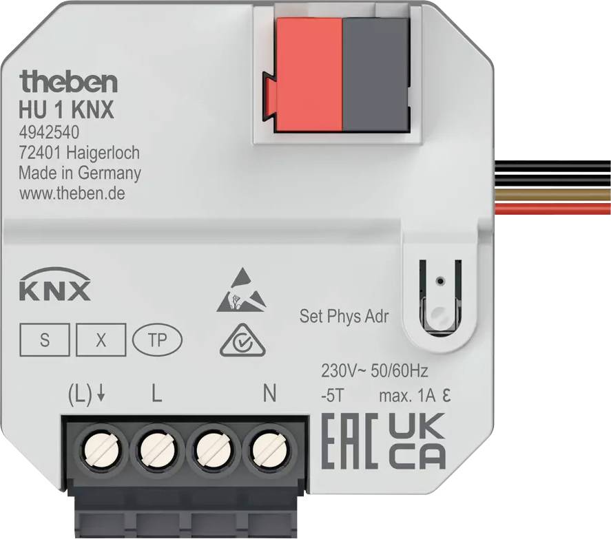 Zařízení KNX od společnosti Theben, model HU 1 KNX, pro domácí automatizaci. Napětí: 230V, max. 1A. Vyrobeno v Německu.