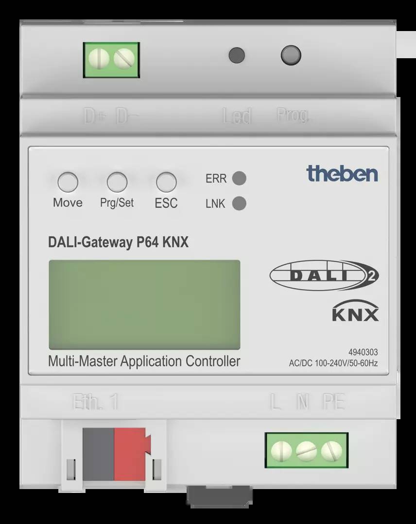 'DALI-brána P64 KNX od Thebenu s LCD displejem. Víceúčelový řadič Master aplikace, model 4940303, AC/DC 100-240V/50-60Hz.'