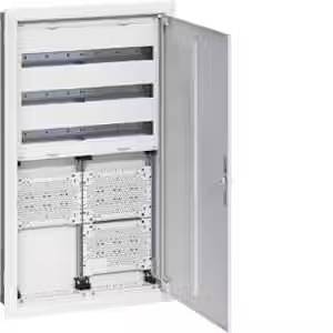 Elektrický rozvaděč s otevřenými dvířky, který ukazuje několik pojistek a elektronických komponent. Vhodný pro domovní instalaci.