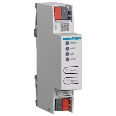Spínací přístroj s logem Hager, čtyři tlačítka: Power, Main, Sub, Mode. Kontrolní světla pro Pass IA a Pass GA.