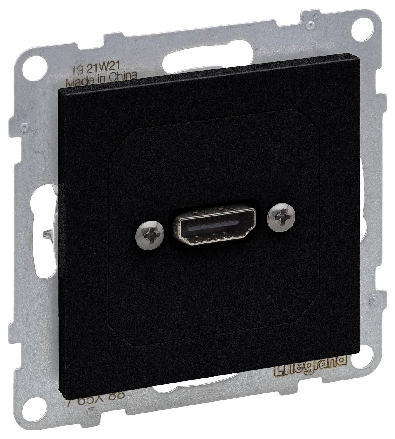 Černá nástěnná zásuvka HDMI pro montáž na zeď, s kovovým rámečkem. Vhodná pro připojení HDMI kabelu k nástěnnému panelu.