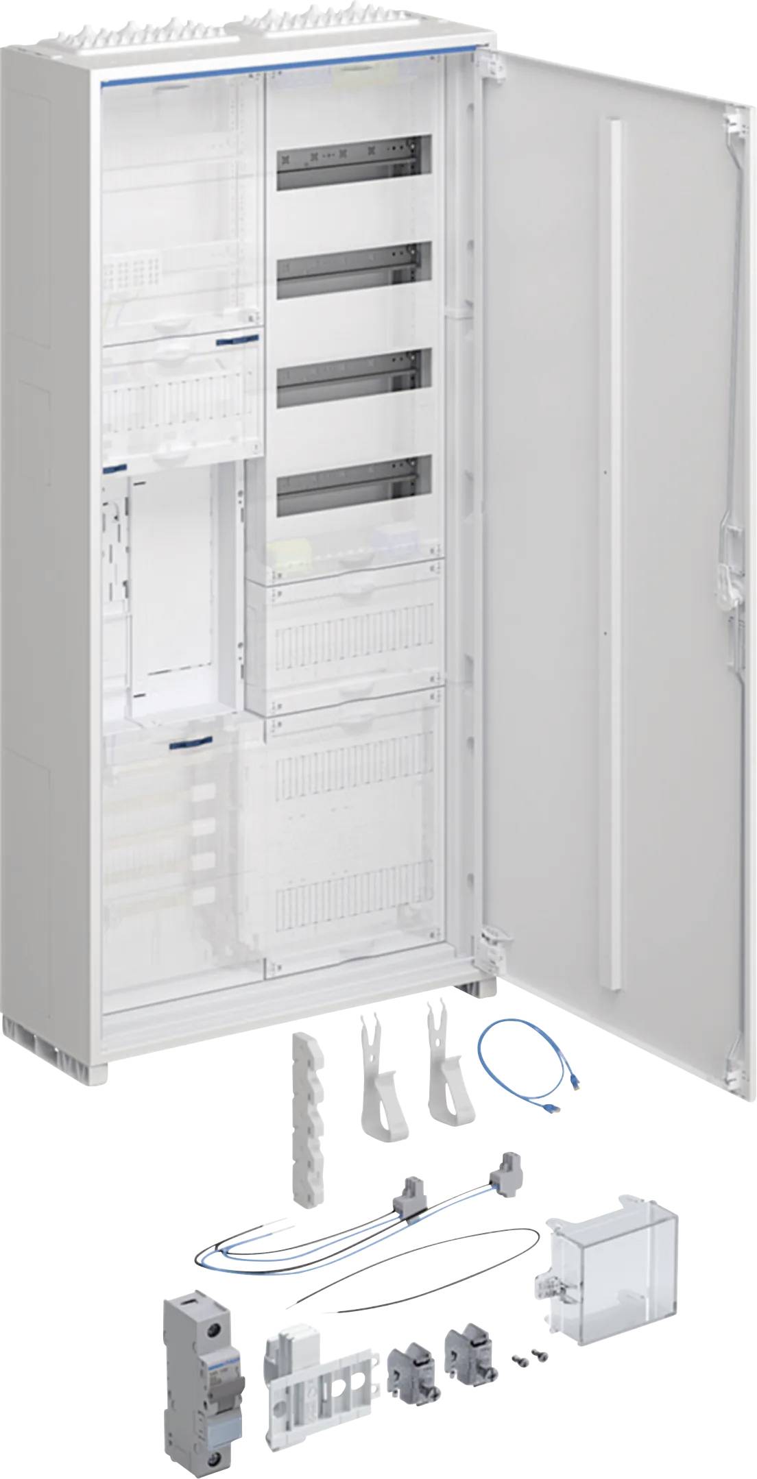 Otevřená rozváděčová skříň s několika jednotkami, kabely a příslušenstvím uvnitř. Pravé dveře jsou otevřené. Ideální pro elektroinstalace.