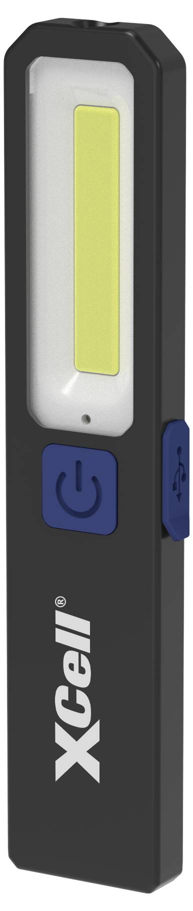 Černá přenosná LED pracovní lampa, na přední straně text 'XCell'. Obsahuje žlutý COB LED světelný pás a boční USB nabíjecí port.