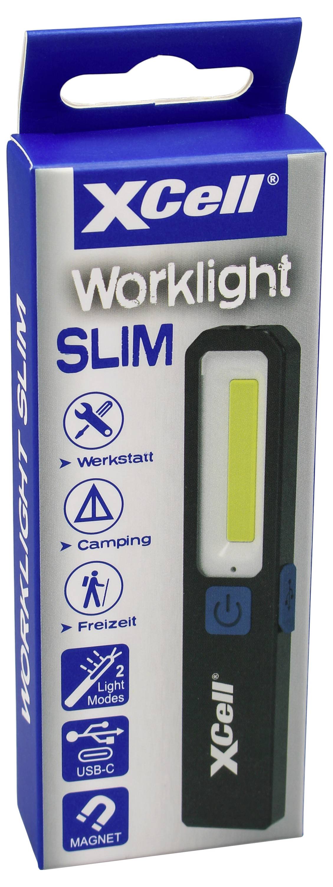 Obal 'XCell Worklight SLIM' zobrazuje štíhlou pracovní svítilnu. Užitečná pro dílnu, kempování, volný čas. Nabíjení přes USB, magnetická.