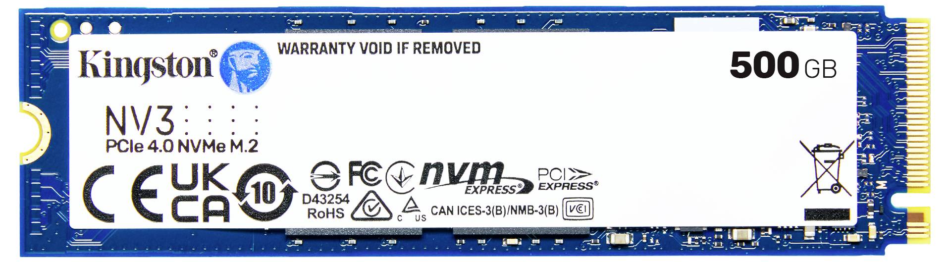 SSD od Kingston s kapacitou 500 GB, NV3 PCIe 4.0 NVMe, štítek zobrazuje CE a RoHS značky a výstražný nápis 'WARRANTY VOID IF REMOVED'.