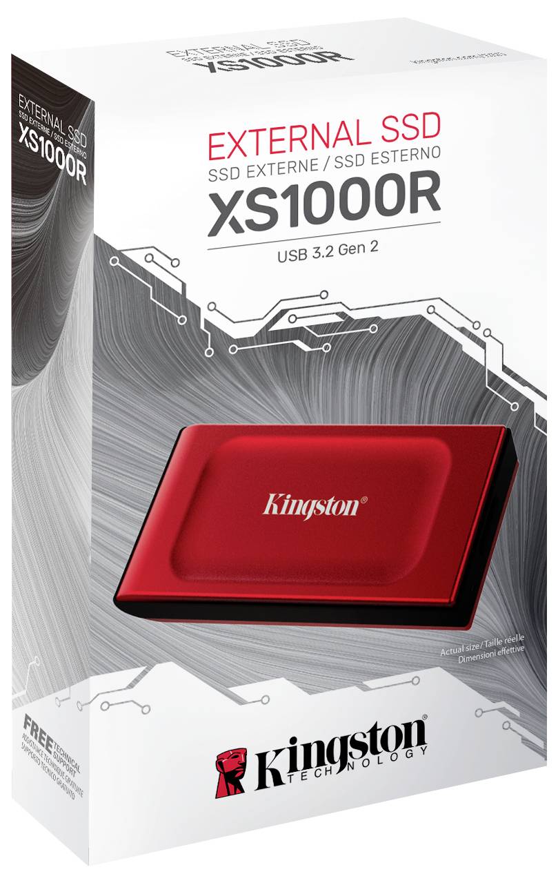 Externí SSD od Kingston, model XS1000R, USB 3.2 Gen 2. Obal zobrazuje obrázek červeného SSD disku.