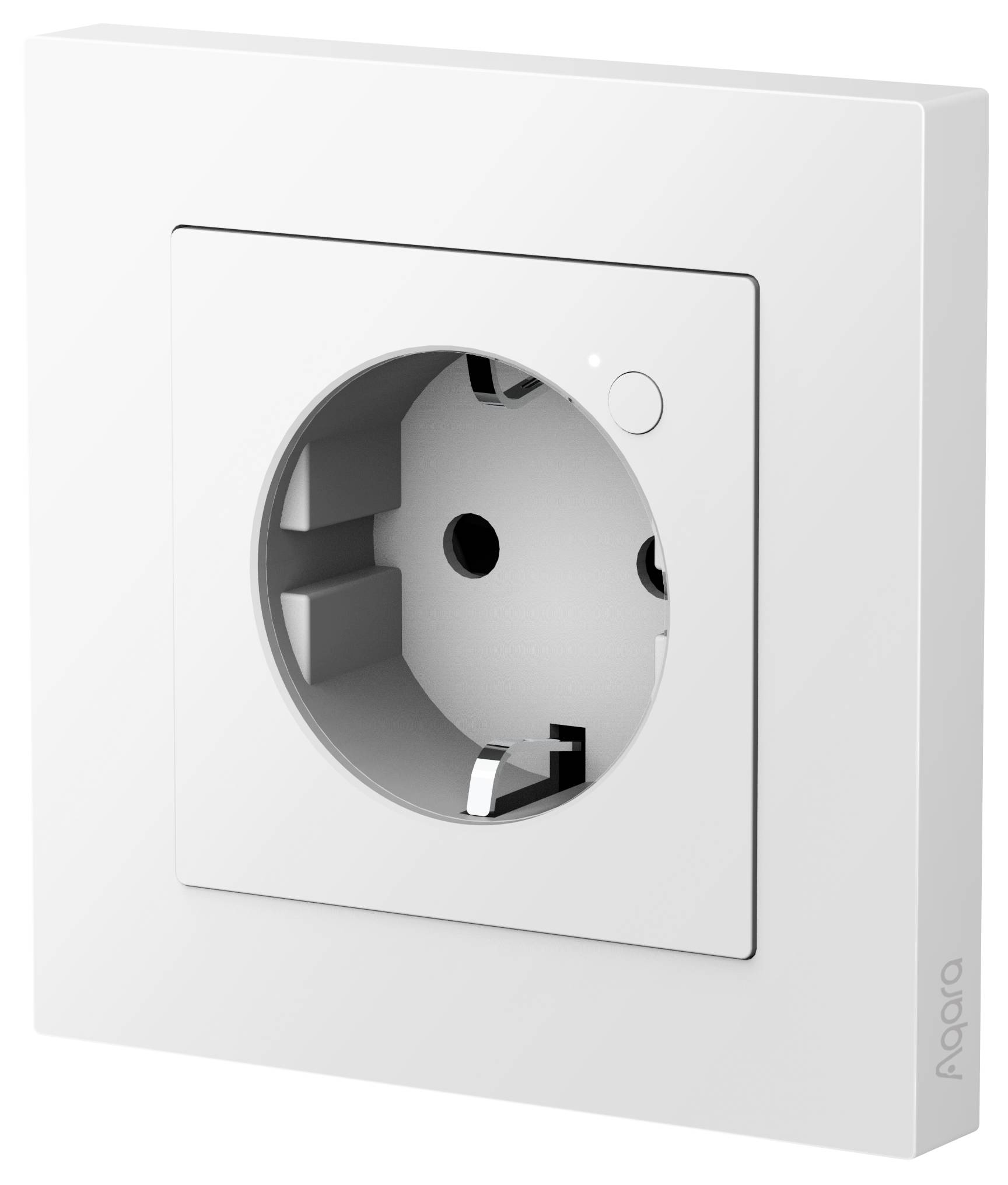 Bílá chytrá zásuvka na zeď. Kulatý otvor pro evropskou zástrčku, s malou LED kontrolkou a vypínačem. Minimalistický design.