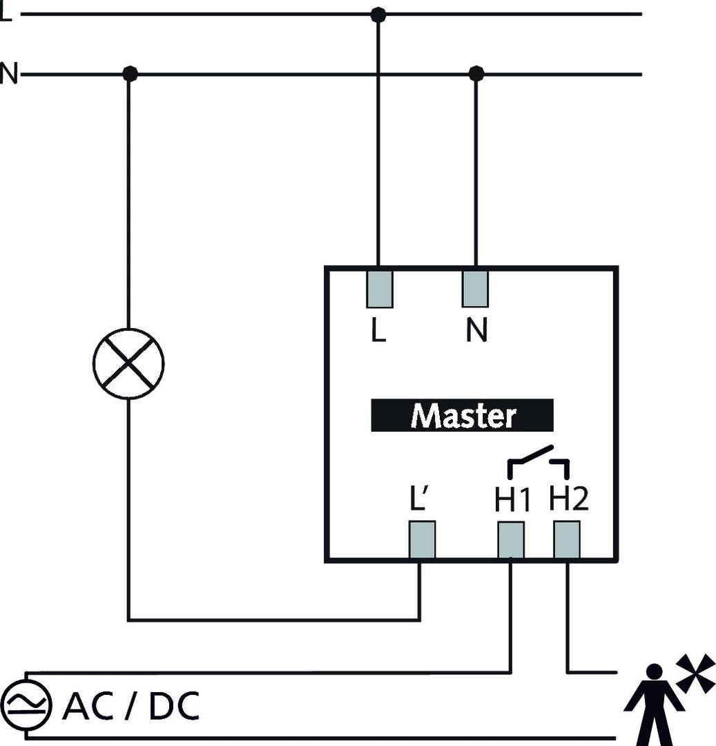 Schéma zapojení pro řízení zařízení se zdrojem AC/DC. Označení: L, N, L', H1, H2. Symbol světla a elektrického připojení.