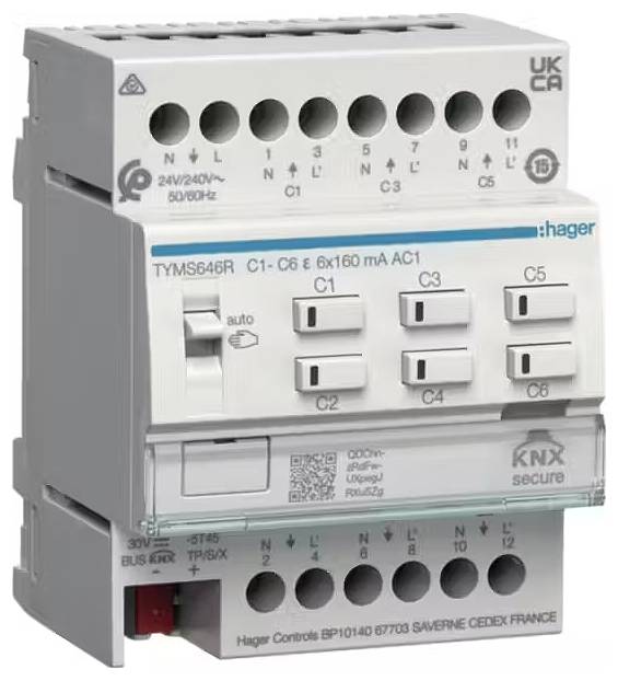 Elektrické zařízení s několika spínači a přípojkami, označené technickými specifikacemi a logem společnosti Hager.